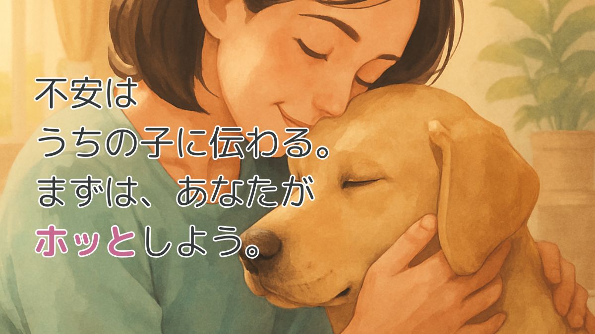 不安はうちの子に伝わる。まずは、あなたがホッとしよう。と書かれた、女性と犬が寄り添うやさしいイラスト